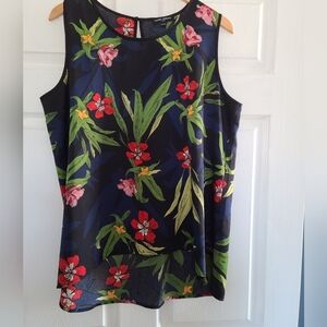 Floral Sleeveless Top - Black with Red and Green Accents